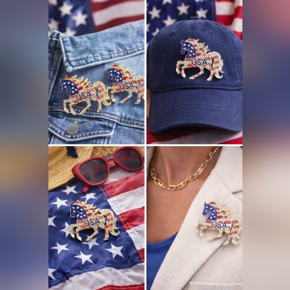Qty 2 NWT  Patriotic USA Flag Rhinestone Horse Brooches – Gold & Silver Tone